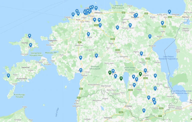 Eesti kaart Eduteni kasutajatega — koolide ja lasteaedade asukohad märgitud kaardil üle kogu Eesti